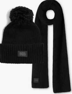 zwarte ugg muts chunky rib beanie knit pom set
