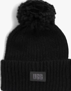 zwarte ugg muts chunky rib beanie knit pom set